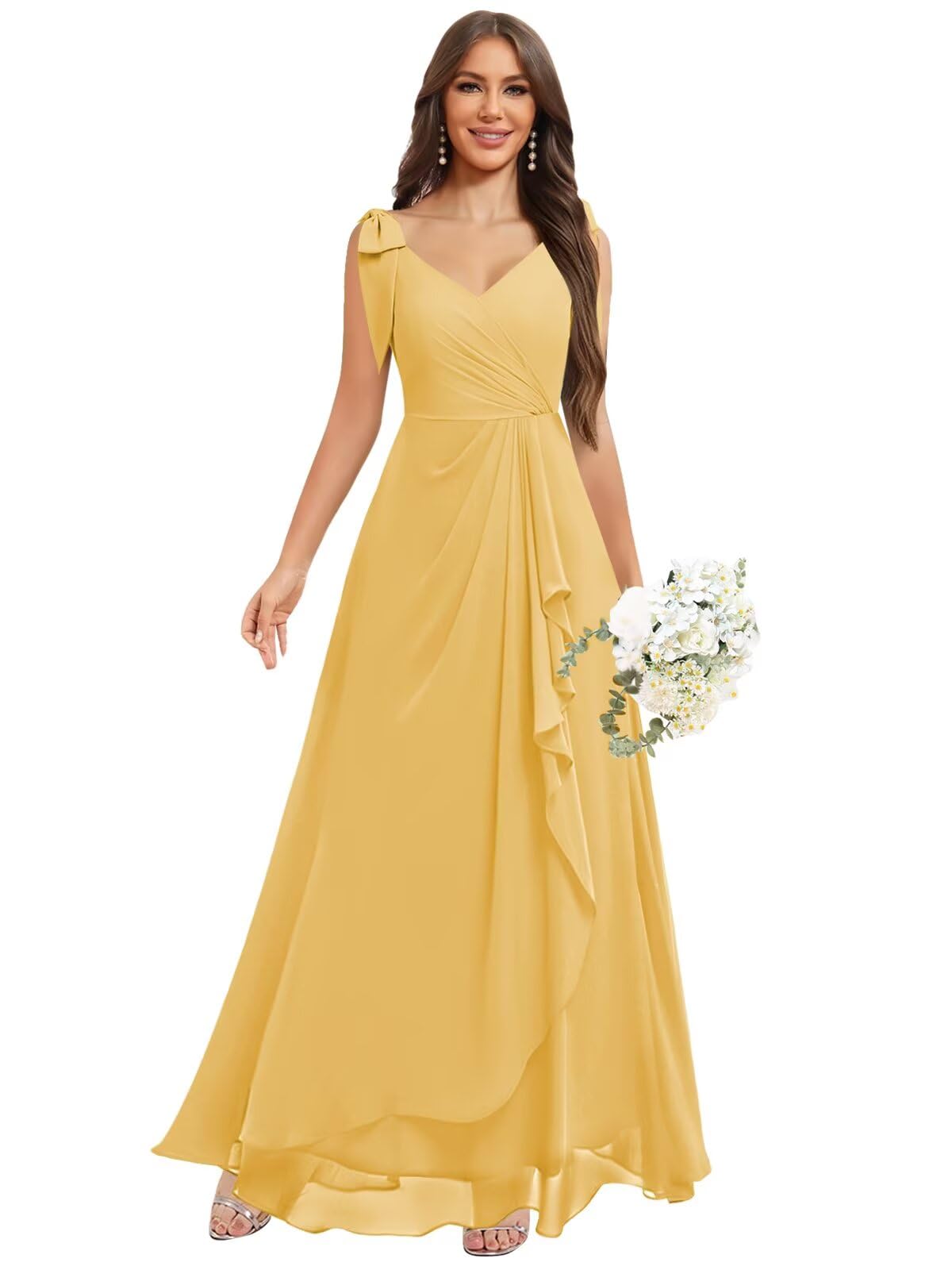 Chiffon Bridesmaid Dresses for Women Ruffles V Neck Flowy Long Formal Evening Dress with Bow
