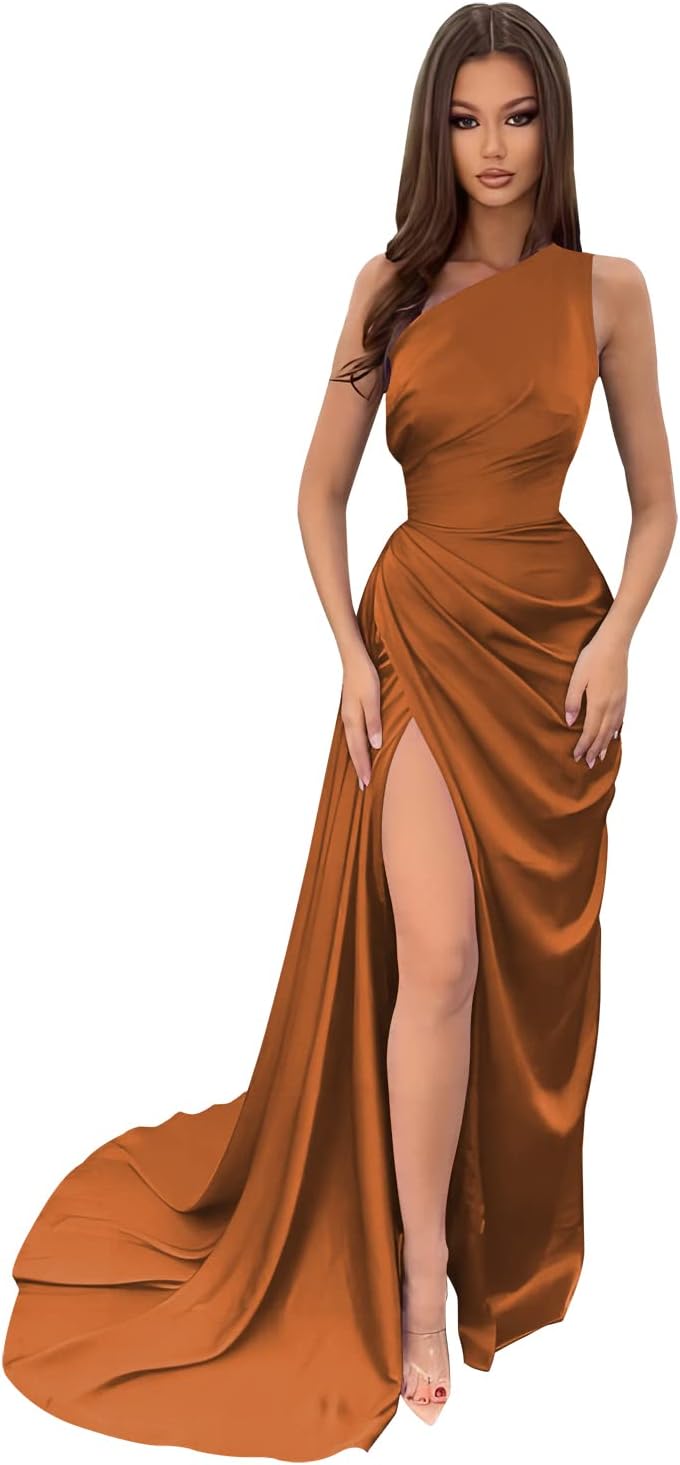 Vestidos de dama de honor largos con un hombro al descubierto y pliegues de satén estilo sirena para fiesta de boda formal 