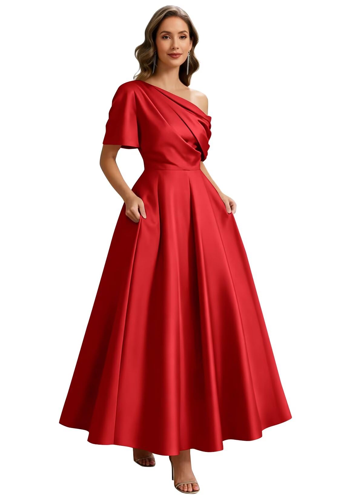 Kingbridal Satin Mother of The Bride Dresses for Women Tea Length Formal Dress One Shoulder Evening Party Gowns with Pockets