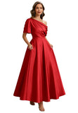 Kingbridal Satin Mother of The Bride Dresses for Women Tea Length Formal Dress One Shoulder Evening Party Gowns with Pockets