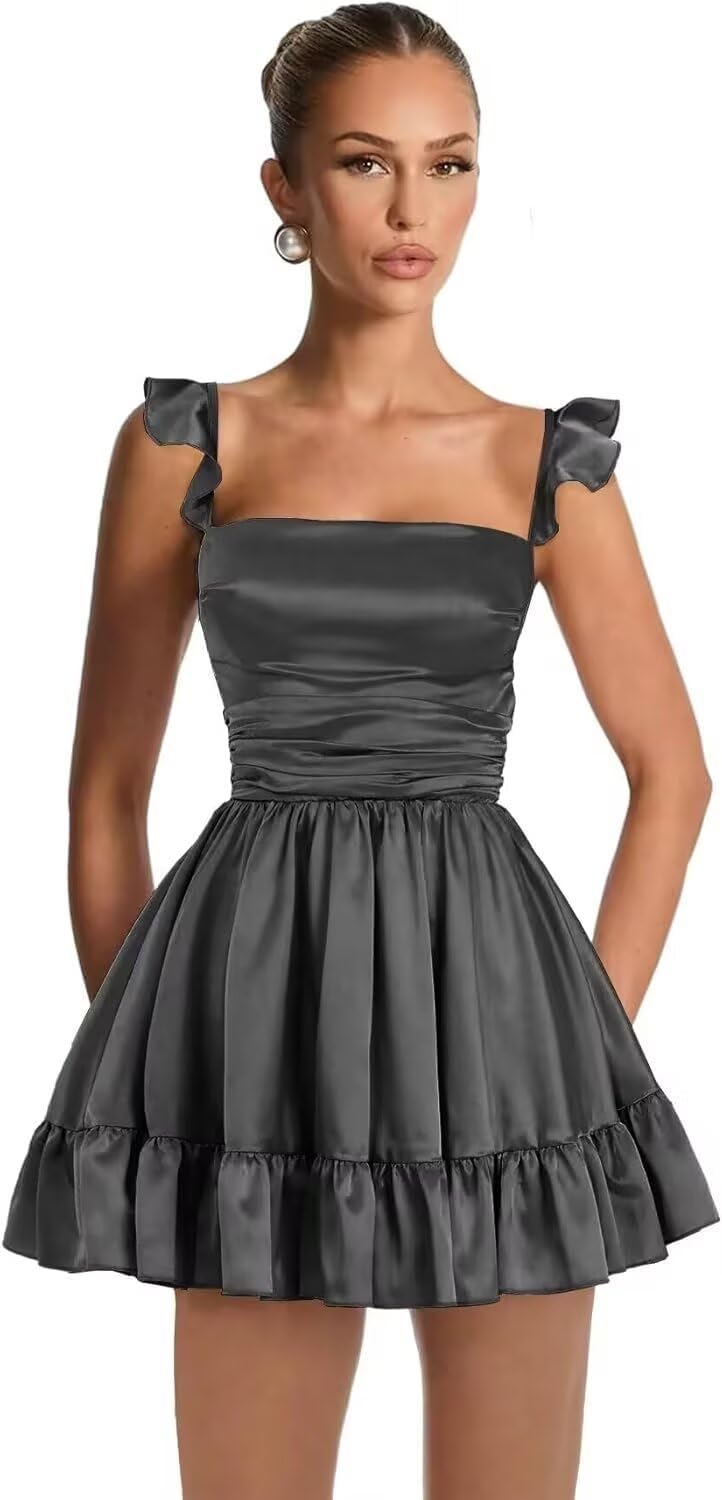 Satin Homecoming Dresses for Teens 2027 A-line Ruched Square Neck Short Prom Formal Cocktail Gowns with Pockets