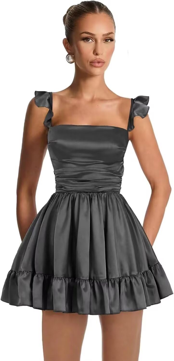 Satin Homecoming Dresses for Teens 2027 A-line Ruched Square Neck Short Prom Formal Cocktail Gowns with Pockets