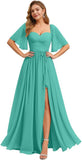 Women's Chiffon Bridesmaid Dresses for Wedding Flutter Sleeves Ruched A Line Long Formal Dress with Slit