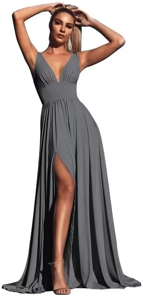 V-Ausschnitt Satin Brautjungfernkleider für Hochzeiten Geteilte Ballkleider Lange A-Linie Abendkleider für Damen 