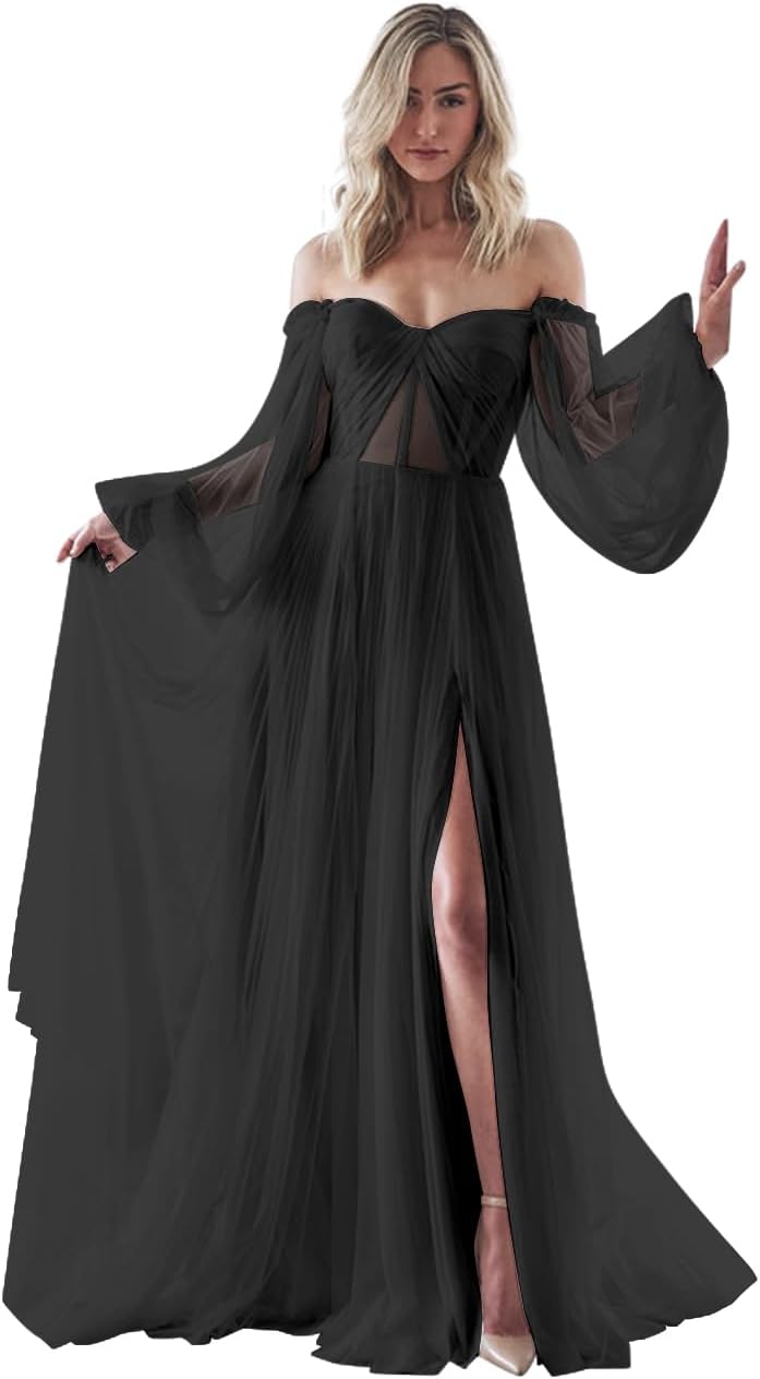 Women's Puffy Long Sleeve Prom Dresses with Slit Off Shoulder Tulle Wedding Formal Evening Gowns