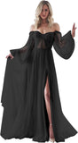 Women's Puffy Long Sleeve Prom Dresses with Slit Off Shoulder Tulle Wedding Formal Evening Gowns