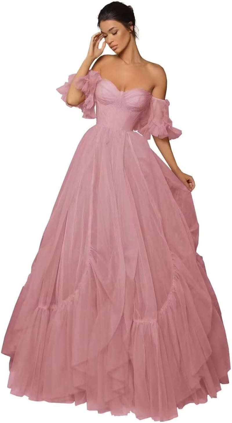 A-line Ruffled Short Sleeve Tulle Prom Dress for Women, Sweetheart Formal Gown Off The Shoulder Long Party Dress