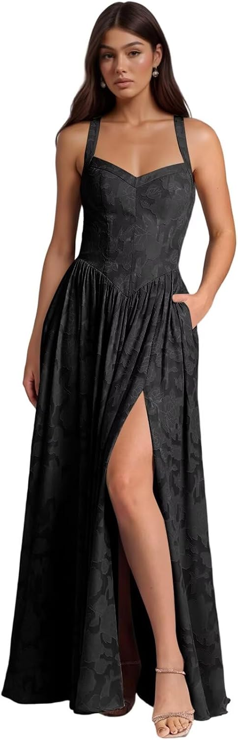 Jacquard Floral Lace Wedding Guest Dress Long Slit A Line Bridesmaid Dresses with Pockets Formal Gown