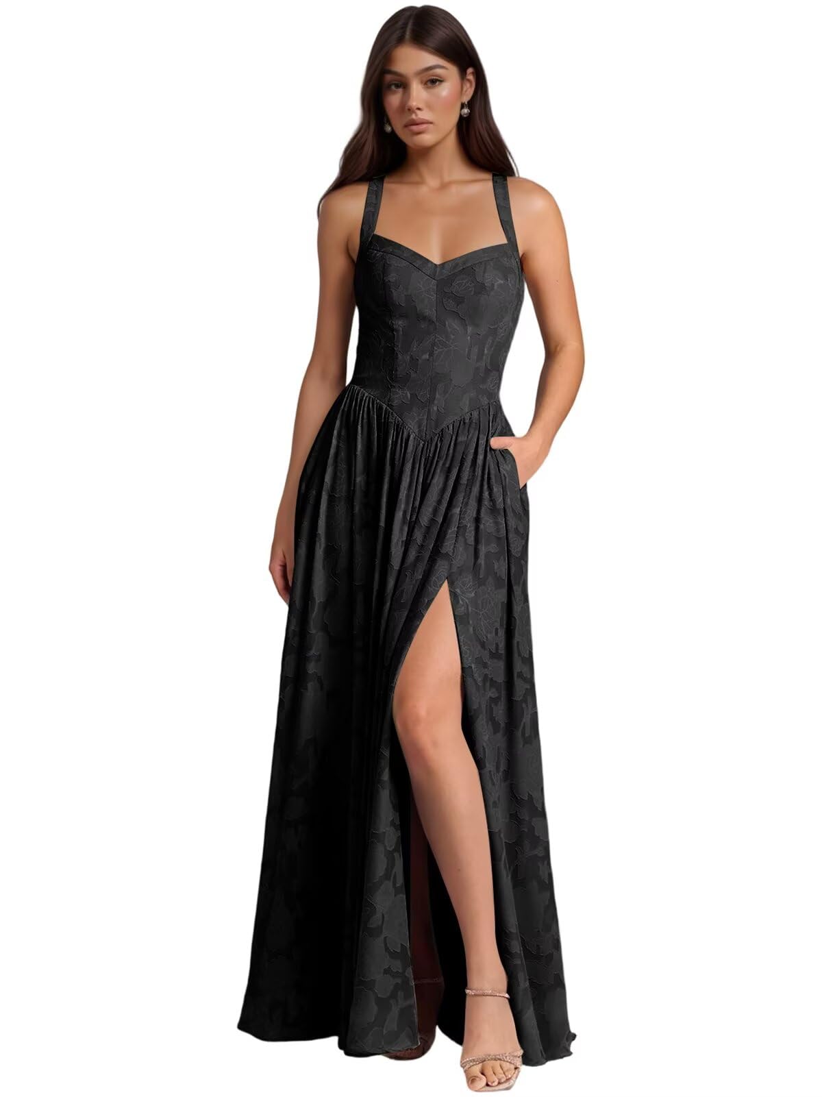 Jacquard Floral Lace Wedding Guest Dress Long Slit A Line Bridesmaid Dresses with Pockets Formal Gown