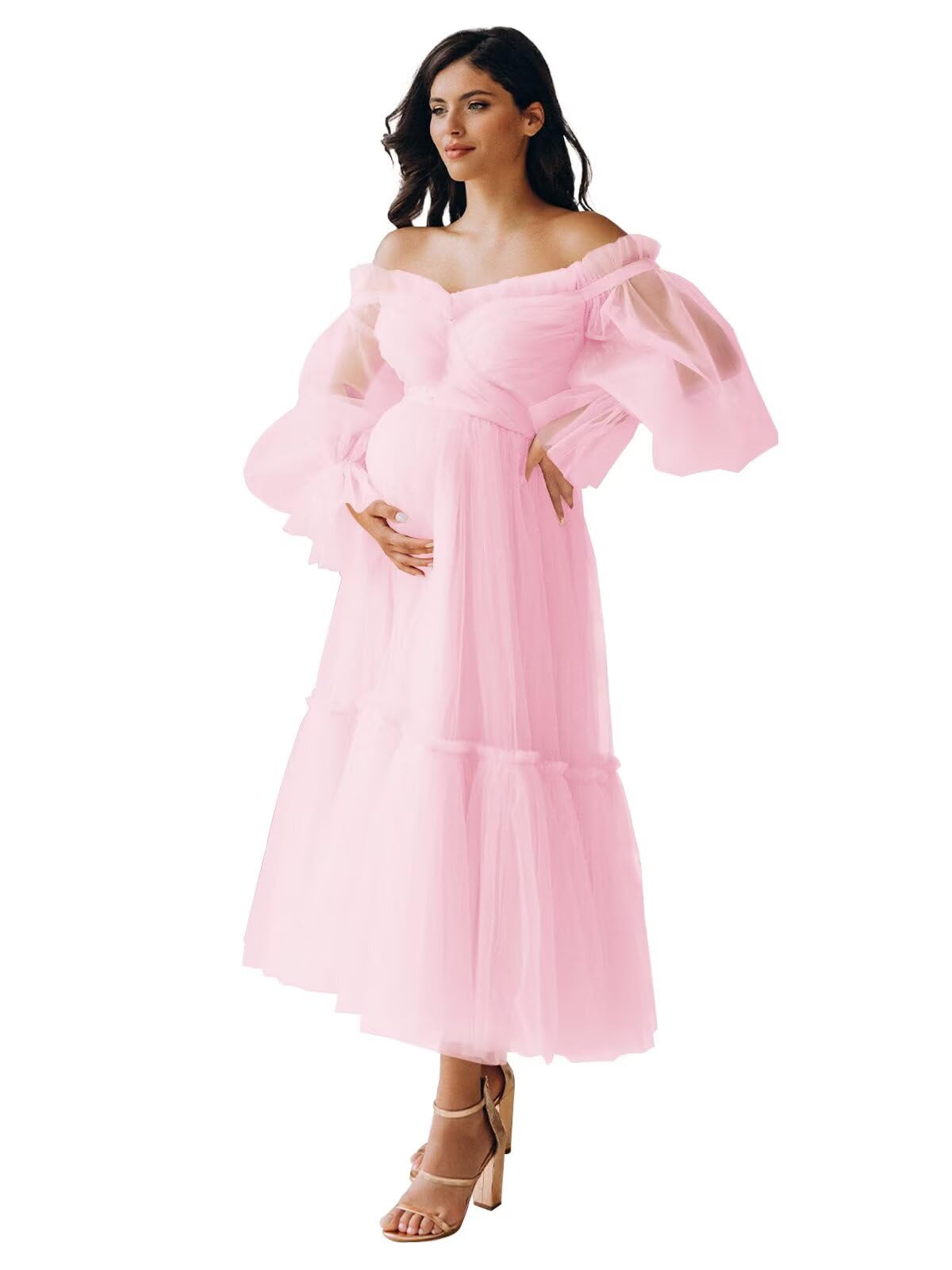Eightale Tulle Tea Length Maternity Dresses for Photo Shoot Long Sleeve Pregnancy Gown for Baby Shower