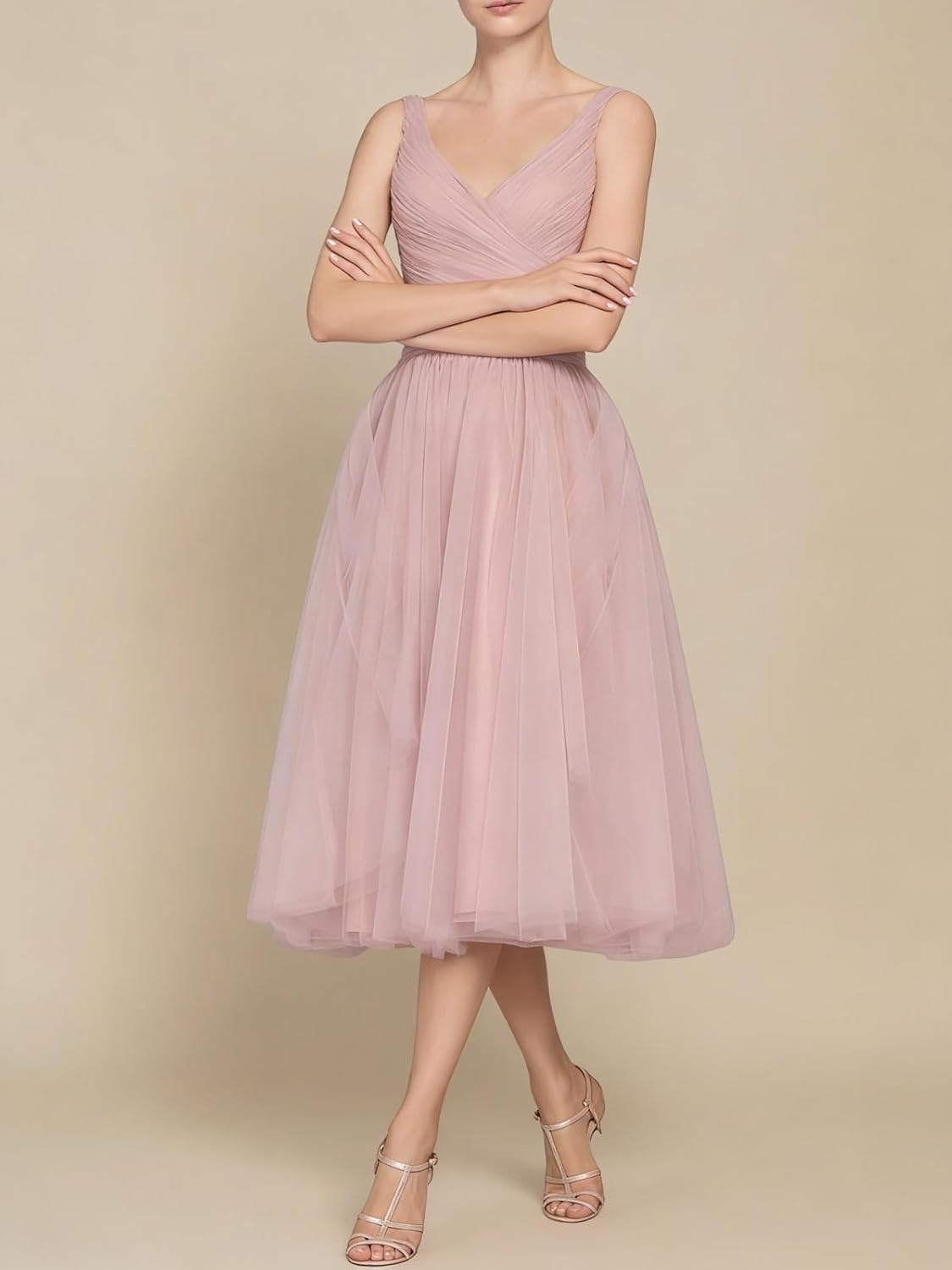 Tea Length A-Line V Neck Formal Evening Party Gowns for Women Sleeveless Puffy Midi Tulle Cocktail Prom Dress