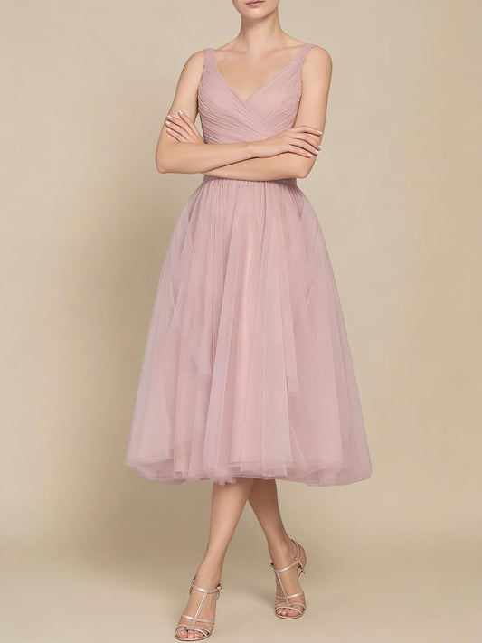 Tea Length A-Line V Neck Formal Evening Party Gowns for Women Sleeveless Puffy Midi Tulle Cocktail Prom Dress