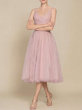 Tea Length A-Line V Neck Formal Evening Party Gowns for Women Sleeveless Puffy Midi Tulle Cocktail Prom Dress