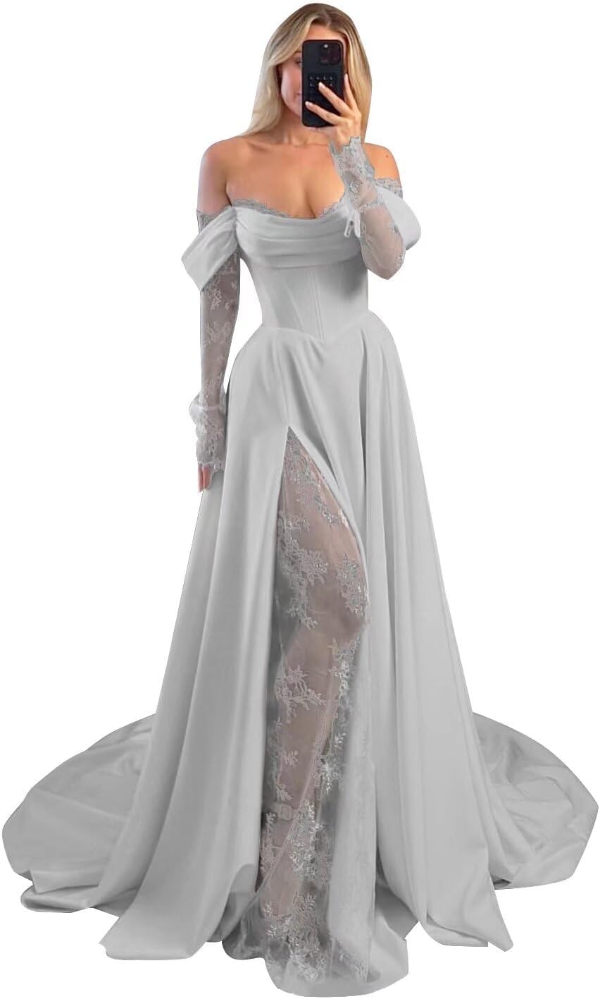 Off Shoulder Satin Wedding Dresses Lace Long Sleeve Prom Dresses Corset A-Line Ball Gowns with Slit