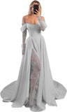 Off Shoulder Satin Wedding Dresses Lace Long Sleeve Prom Dresses Corset A-Line Ball Gowns with Slit