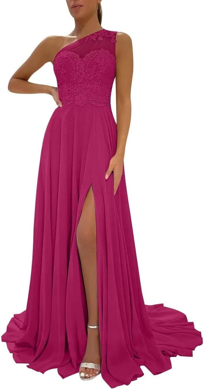 One Shoulder Chiffon Bridesmaid Dresses for Wedding 2026 Lace A-Line Slit Formal Evening Party Gown with Pockets