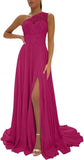 One Shoulder Chiffon Bridesmaid Dresses for Wedding 2026 Lace A-Line Slit Formal Evening Party Gown with Pockets