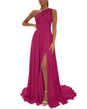 One Shoulder Chiffon Bridesmaid Dresses for Wedding 2026 Lace A-Line Slit Formal Evening Party Gown with Pockets
