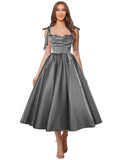 Satin Prom Dresses for Women Spaghetti Straps Corset A-Line Ball Formal Gowns Tea Length with Pockets