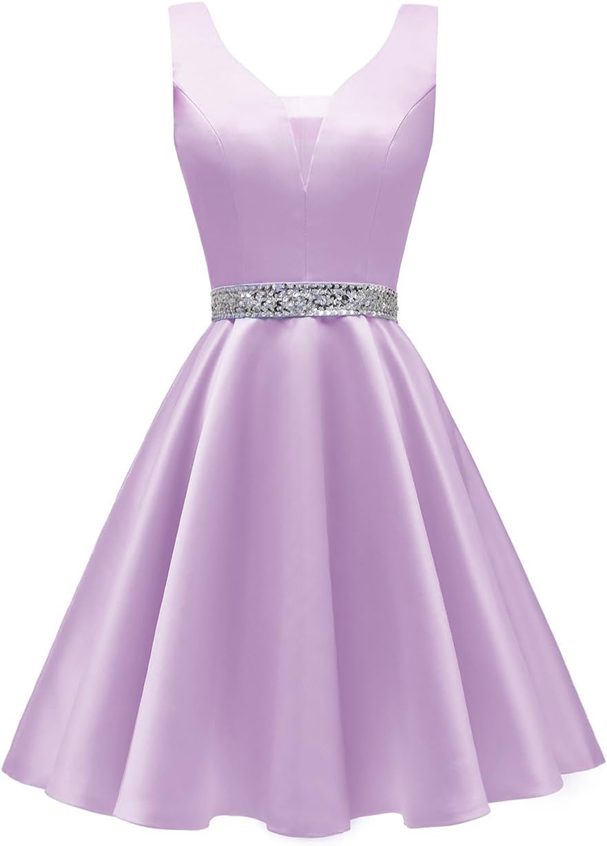 Satin Glitter Homecoming Dresses for Teens Short Prom Dress V-Neck Beaded Evening Formal Cocktail Party Gowns