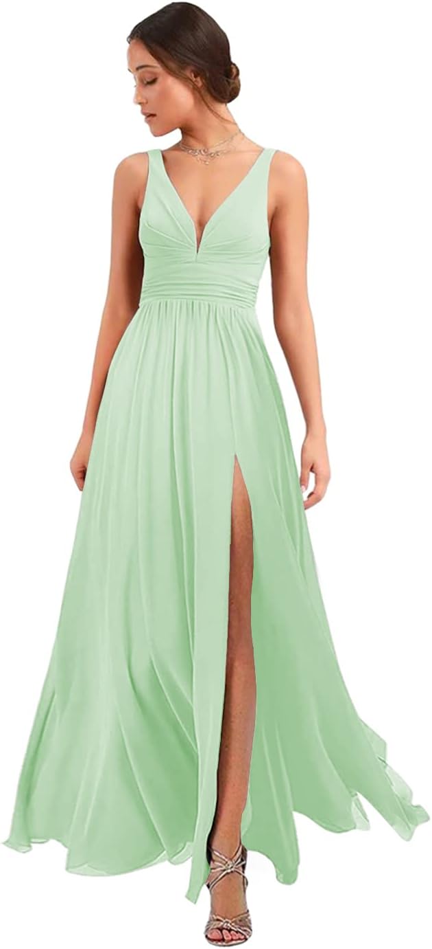 Women's Deep V Neck Bridesmaid Dresses with Slit Chiffon Pleats A Line Formal Party Dresses with Pockets