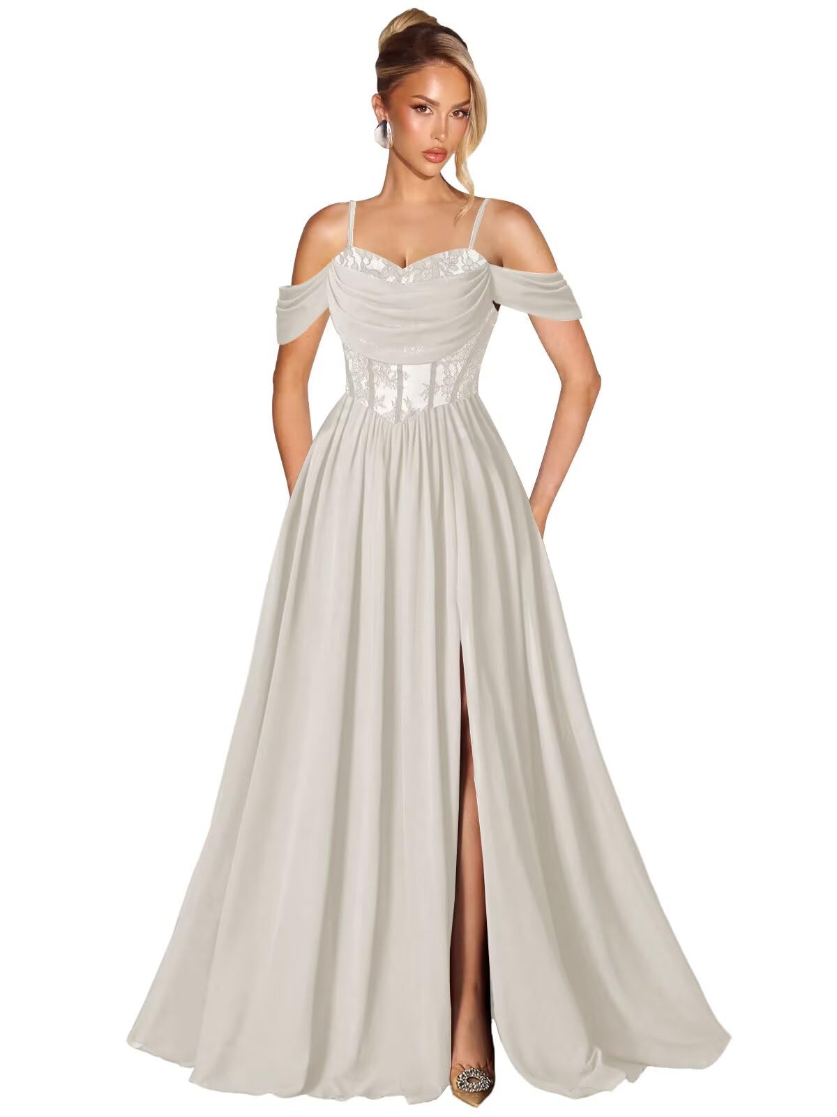 Off Shoulder Lace Applique Prom Dress with Slit A Line Ball Gown Pleated Corset Long Formal Evening Dresses