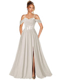 Off Shoulder Lace Applique Prom Dress with Slit A Line Ball Gown Pleated Corset Long Formal Evening Dresses