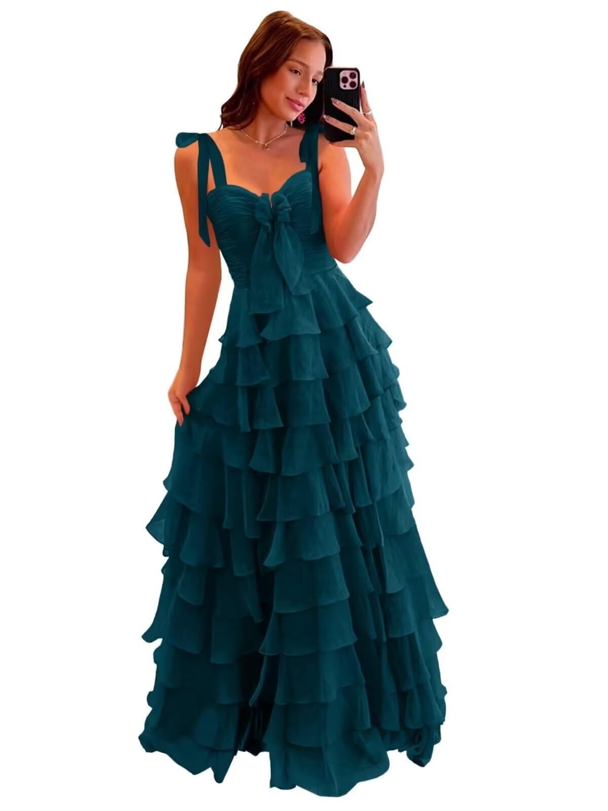 Tiered Prom Dresses with Bow Long A-Line Chiffon Formal Evening Dress for Women Spaghetti Straps Slit Ball Gown