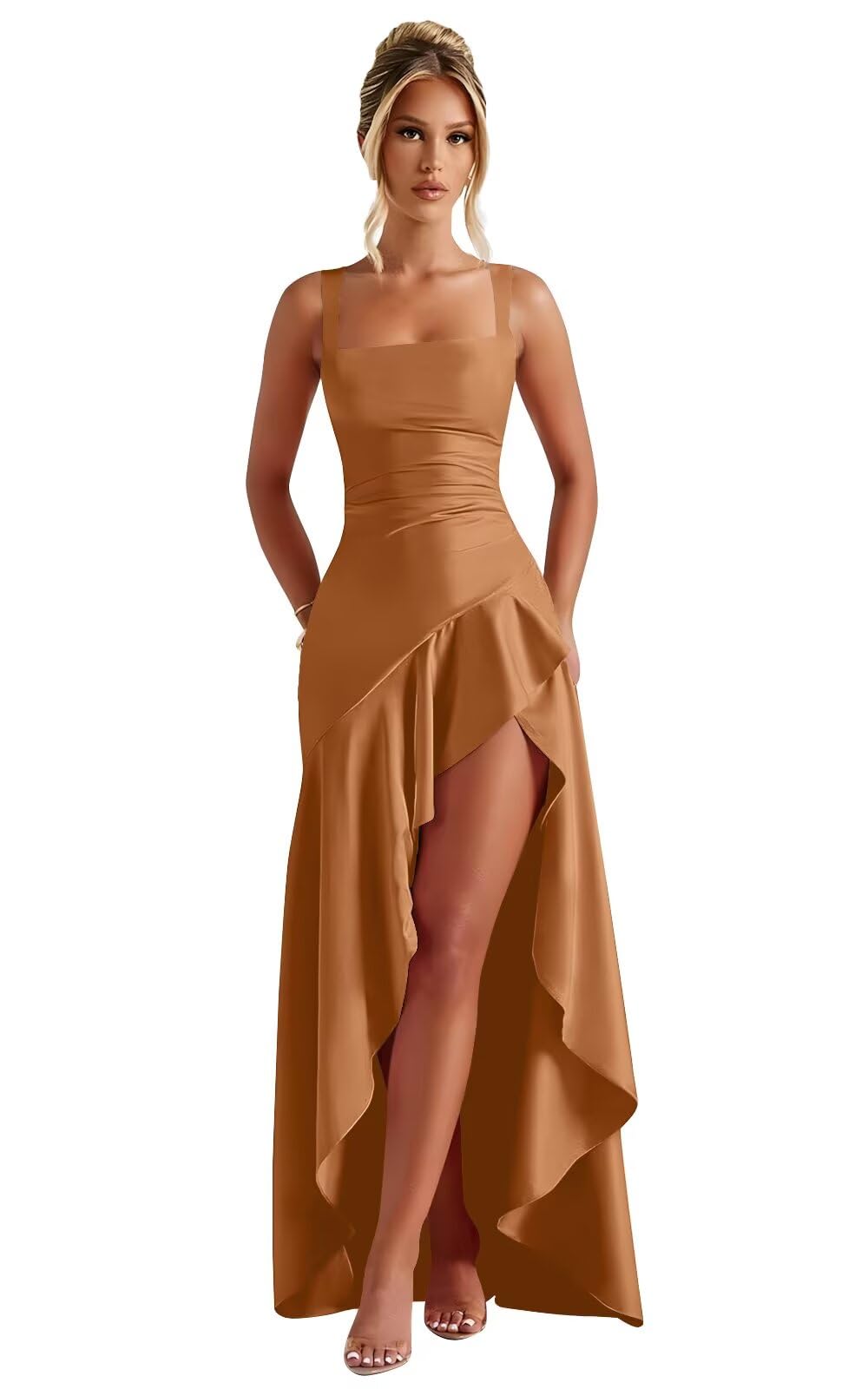 Mermaid Satin Bridesmaid Dresses for Women 2027 Long Ruffles High Low Prom Formal Evening Party Dress with Slit