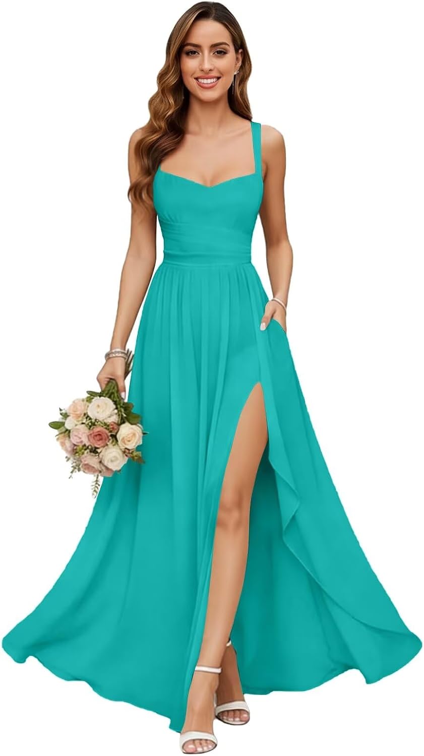 Chiffon Bridesmaid Dresses for Women Long Spaghetti Straps A-line Pleated Formal Evening Party Gowns with Pockets