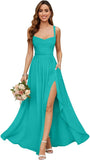 Chiffon Bridesmaid Dresses for Women Long Spaghetti Straps A-line Pleated Formal Evening Party Gowns with Pockets