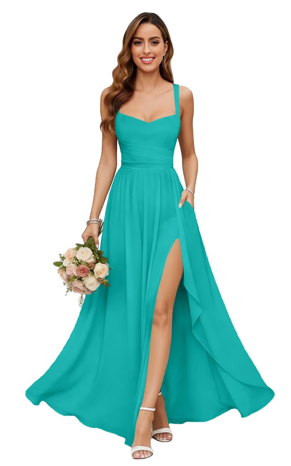 Chiffon Bridesmaid Dresses for Women Long Spaghetti Straps A-line Pleated Formal Evening Party Gowns with Pockets