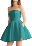 Women's Strapless Satin Short Prom Dresses with Pocket A Line Glitter Homecoming Dress Short Evening Party Ball Gown