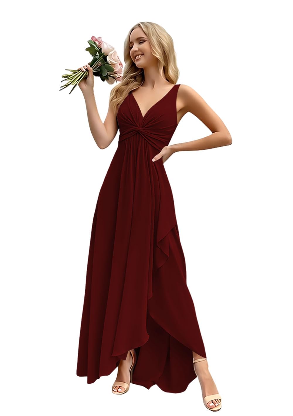 Women’s Long Bridesmaid Dresses Sleeveless V-Neck Formal Wedding Guest Chiffon Prom Gowns for Teens