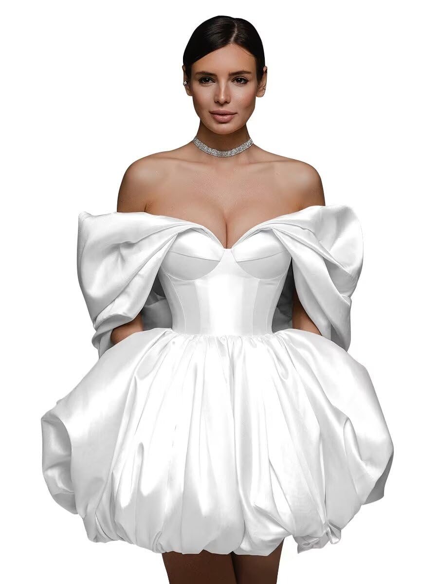 Off The Shoulder Short Wedding Dresses for Bride Puffy Satin Bridal Dresses w/Pockets Strapless Formal Ball Gowns
