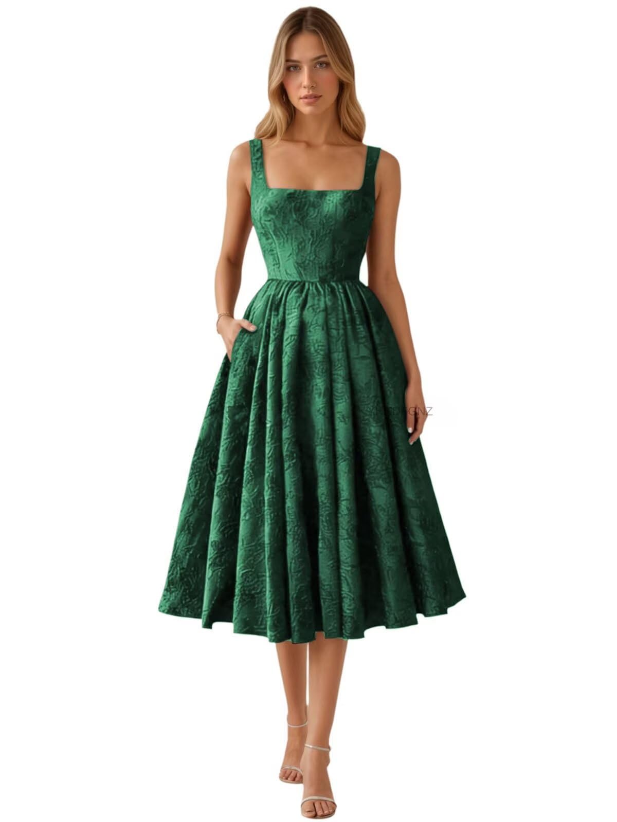 Floral Jacquard Satin Prom Dresses for Women Tea Length Formal Evening Party Dress with Pockets