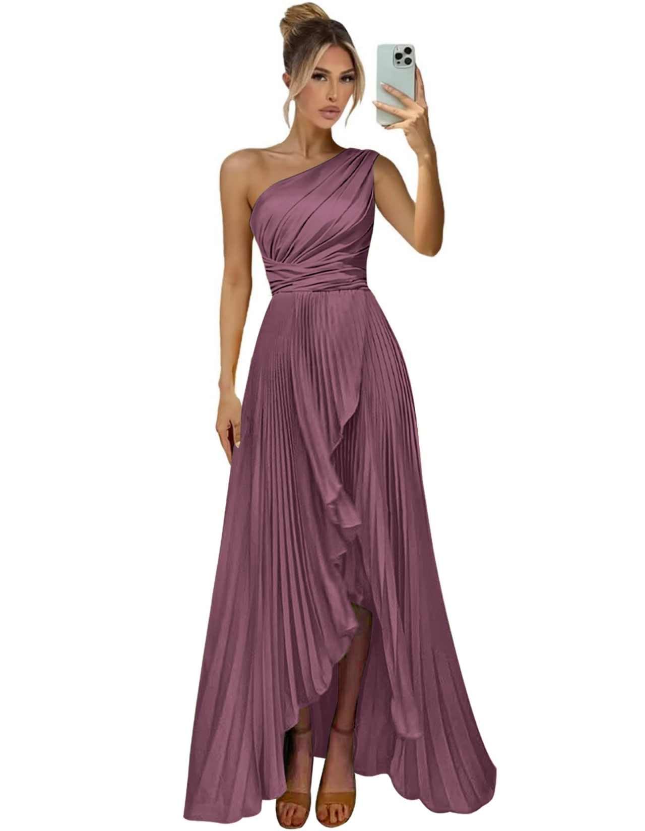 One Shoulder Bridesmaid Dresses for Women Satin Pleated Long A Line Formal Prom Evening Party Dress with Slit
