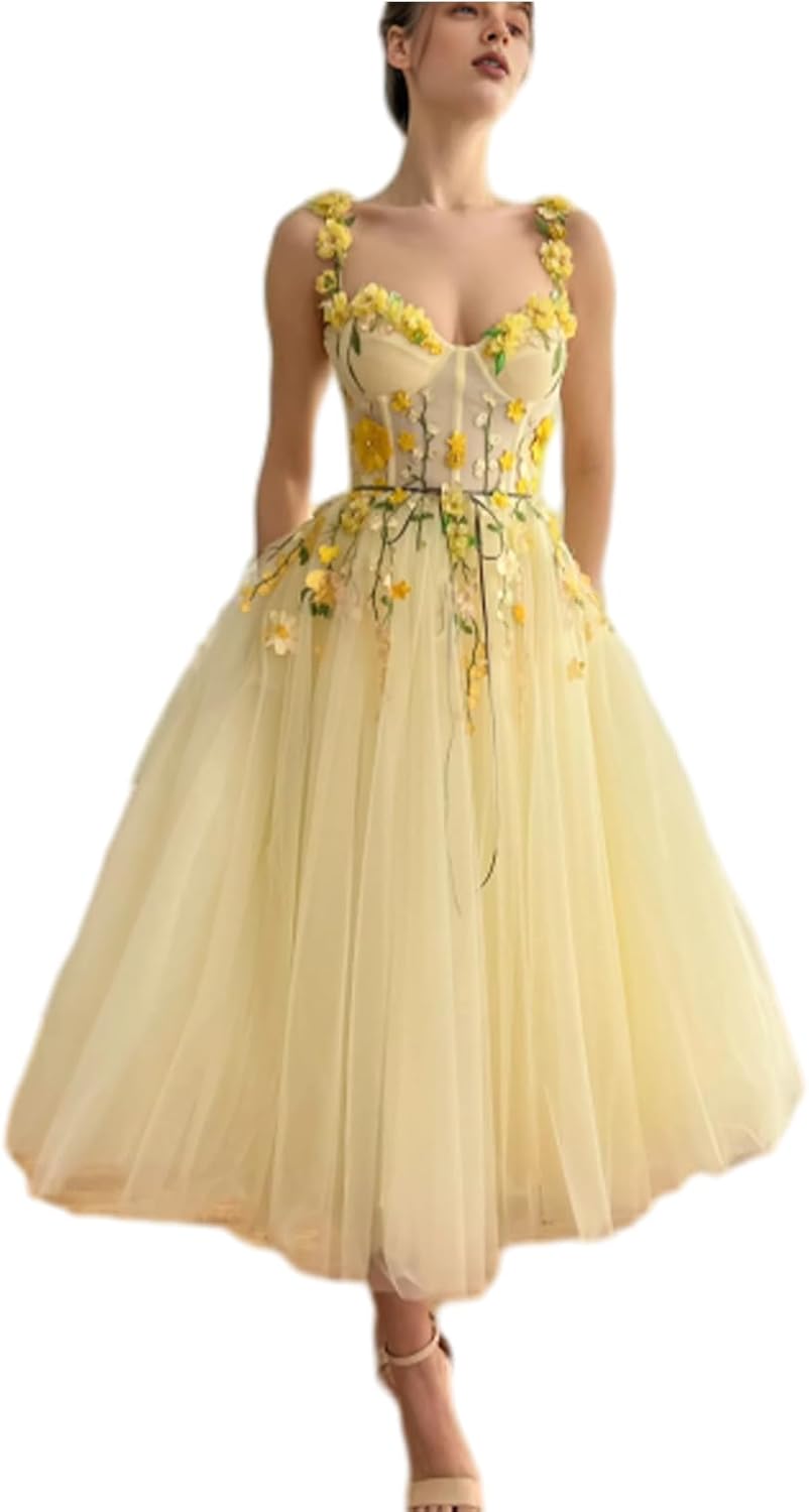 Ball Gown Romantic Party Dresses Sweetheart Sleeveless Tea Length Tulle with Embroidered Lace Fashion Evening Gown
