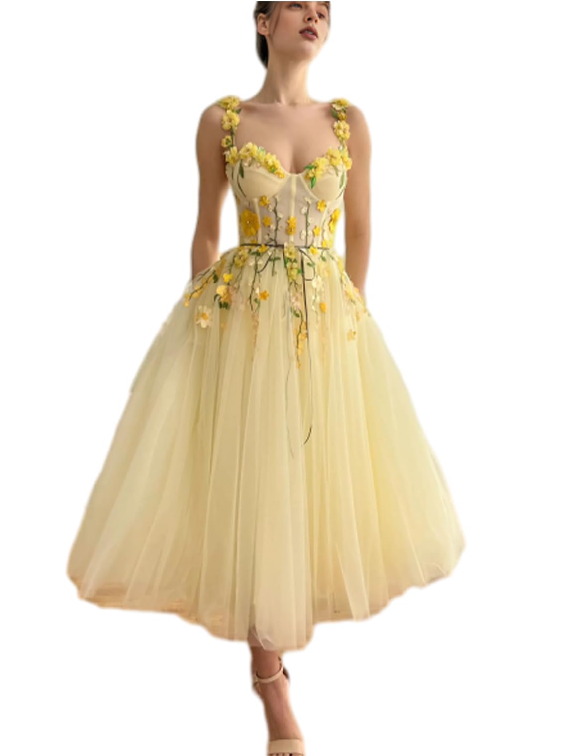 Ball Gown Romantic Party Dresses Sweetheart Sleeveless Tea Length Tulle with Embroidered Lace Fashion Evening Gown