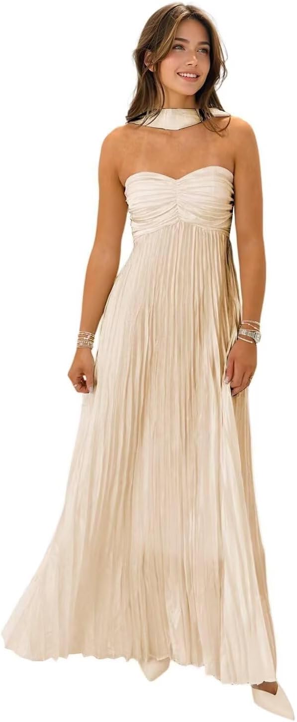 Women's Strapless Chiffon Bridesmaid Dresses with Scarf Long A-Line Pleated Formal Evening Dress