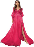 Long Sleeve Tulle Prom Evening Dresses Long Lace Applique A Line Ball Gown 2027