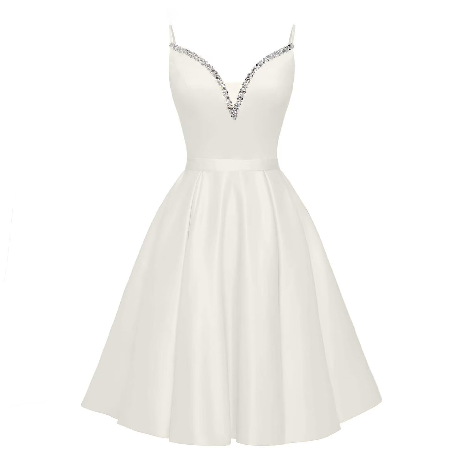 Spaghetti Straps Satin Homecoming Dresses for Teens V-Neck Short Prom Dress A-Line Beaded Cocktail Party Gowns