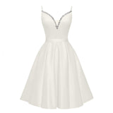 Spaghetti Straps Satin Homecoming Dresses for Teens V-Neck Short Prom Dress A-Line Beaded Cocktail Party Gowns