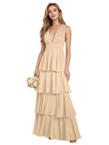 V Neck Chiffon Bridesmaid Dresses for Women 2027 Long Tiered A-Line Ruffles Formal Evening Party Dress