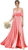 Women's Cold Shoulder Ruffle Sleeves Bridesmaid Dresses for Women 2025 Pleated Chiffon Formal Dresses with Slit