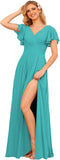 V Neck Bridesmaid Dresses for Women with Slit 2025 Flutter Sleeve Chiffon Pleats Formal Dress with Pockets