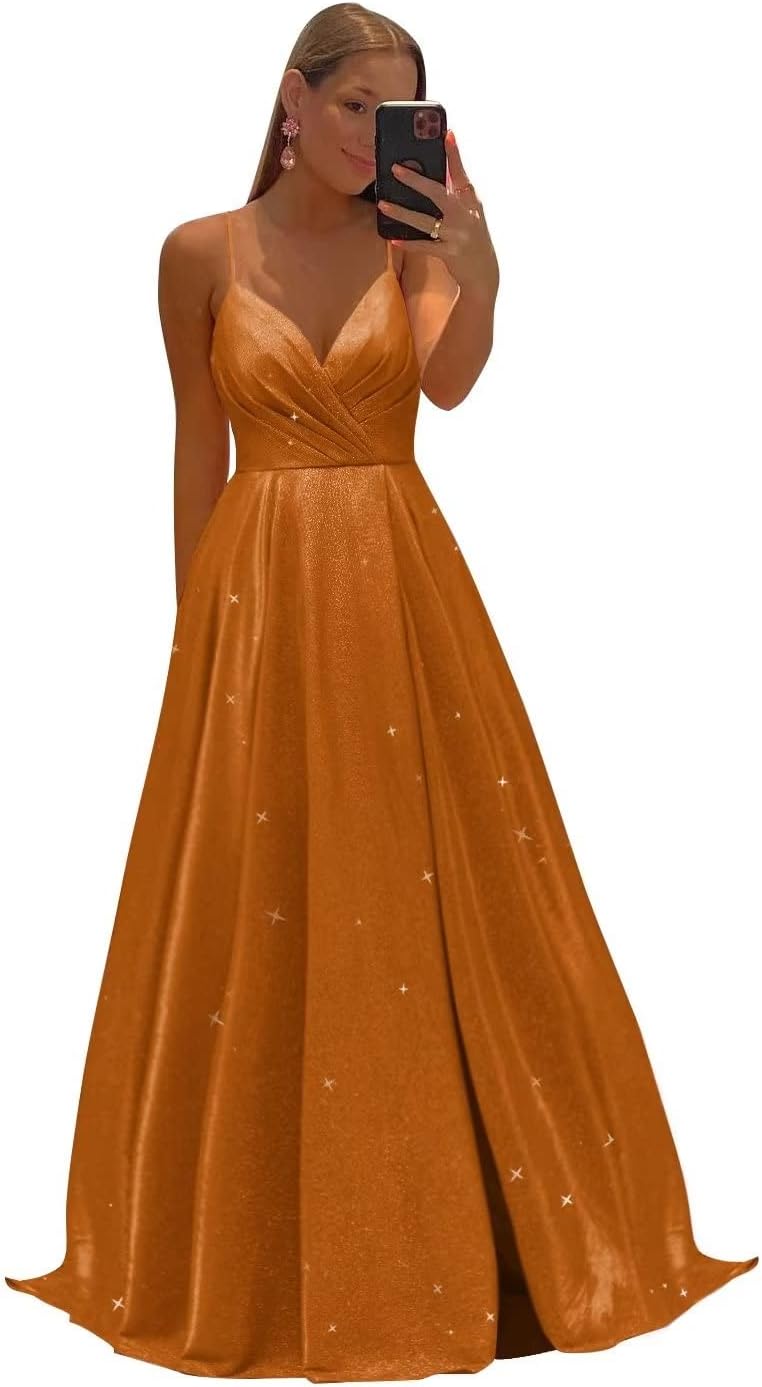 Women's Spaghetti Straps Prom Dresses Long V-Neck Sparkling Bridesmaid Dresses Formal Evening Gowns with High Slit