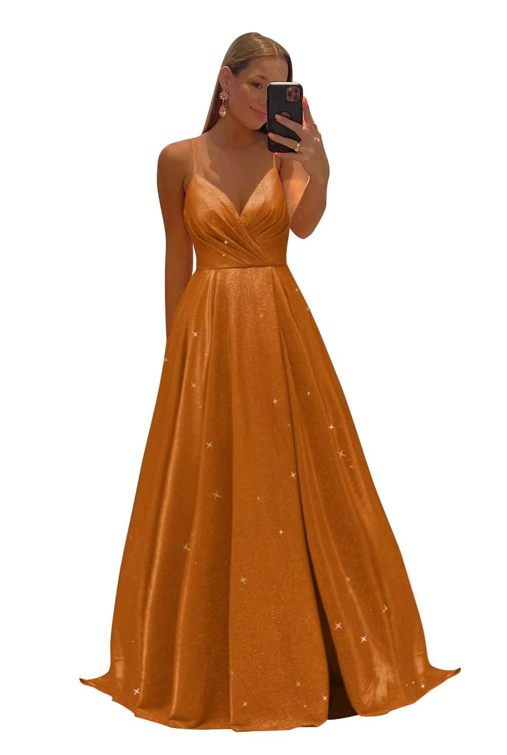 Women's Spaghetti Straps Prom Dresses Long V-Neck Sparkling Bridesmaid Dresses Formal Evening Gowns with High Slit