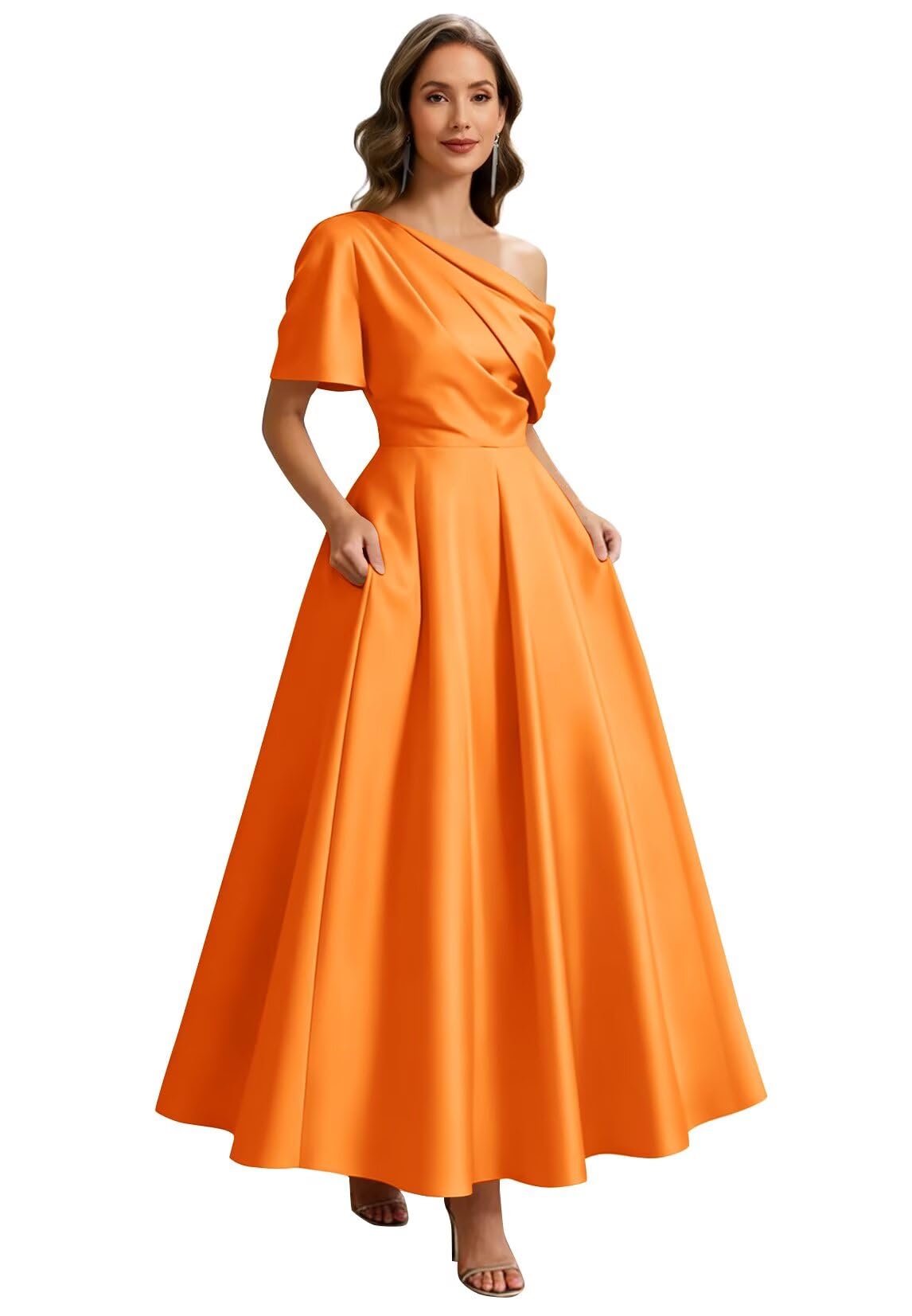 Kingbridal Satin Mother of The Bride Dresses for Women Tea Length Formal Dress One Shoulder Evening Party Gowns with Pockets
