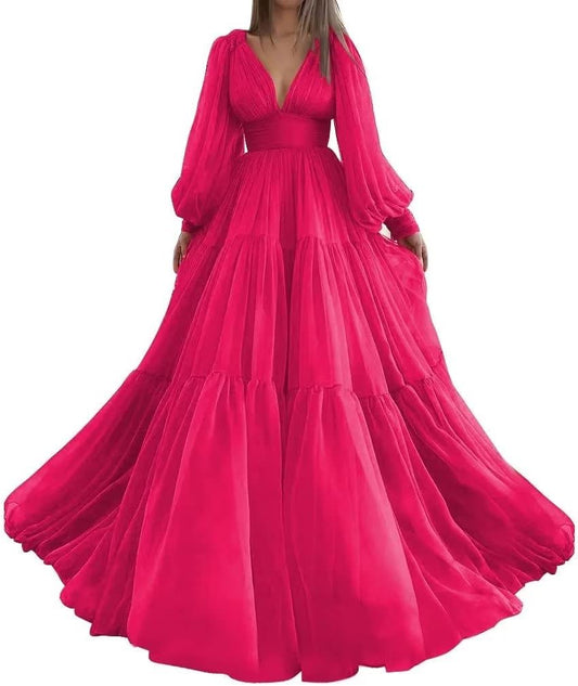 Langes Ballkleid mit Puffärmeln, Tüll, Ballkleid für Damen, Brautkleider, V-Ausschnitt, formelle Abendkleider